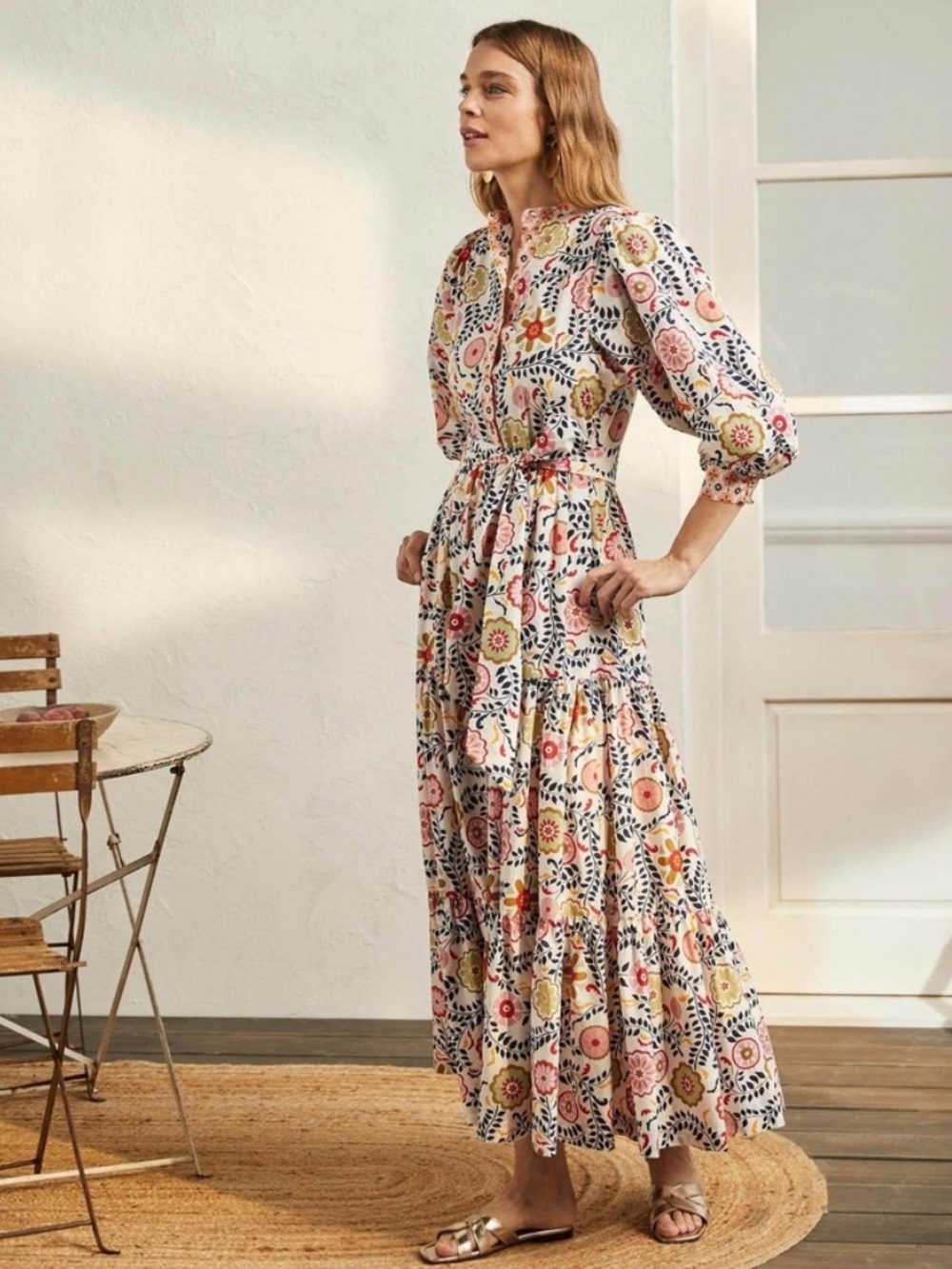 Boden Ava Tiered Maxi Dress Belted White Floral Print Puff Sleeve US 6P $210 - Picture 2 of 13